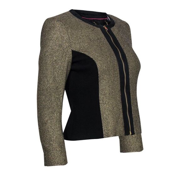 NEW TED BAKER women’s gold sparkle boucle dressy blazer jacket zip size 2 - Picture 11 of 17
